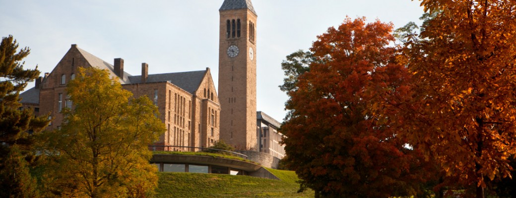 Stone clock tower and building surrounded by autumn trees with orange and yellow foliage, clear sky, scenic mood